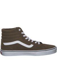 Zapatillas altas en suela de gamuza verde olivo con cordones blancos y raya lateral, que cuentan con un tobillo acolchado y una suela de goma texturizada.
