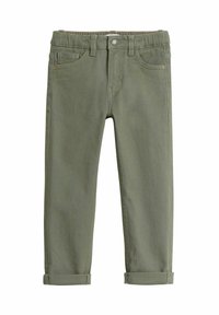 Pantalon en coton vert olive au design classique, avec une fermeture éclair, des poches avant et des ourlets roulés. Pas de déchirures ni de motifs visibles.