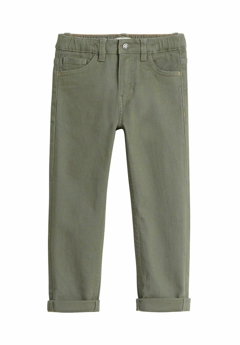 Pantalon en coton vert olive au design classique, avec une fermeture éclair, des poches avant et des ourlets roulés. Pas de déchirures ni de motifs visibles.