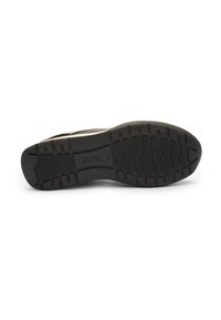 Black rubber sole with textured tread patterns and branding. Smooth edges and durable grip for enhanced traction and stability.