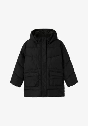 Doudoune noire avec capuche, deux poches avant et un design matelassé. Fabriquée en matériau lisse et résistant à l'eau, avec une coupe décontractée.