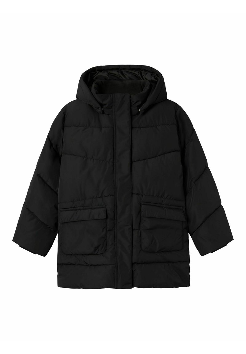 Giubbotto imbottito nero con cappuccio, due tasche frontali e design trapuntato. Realizzato in materiale liscio e resistente all'acqua, con una vestibilità comoda.