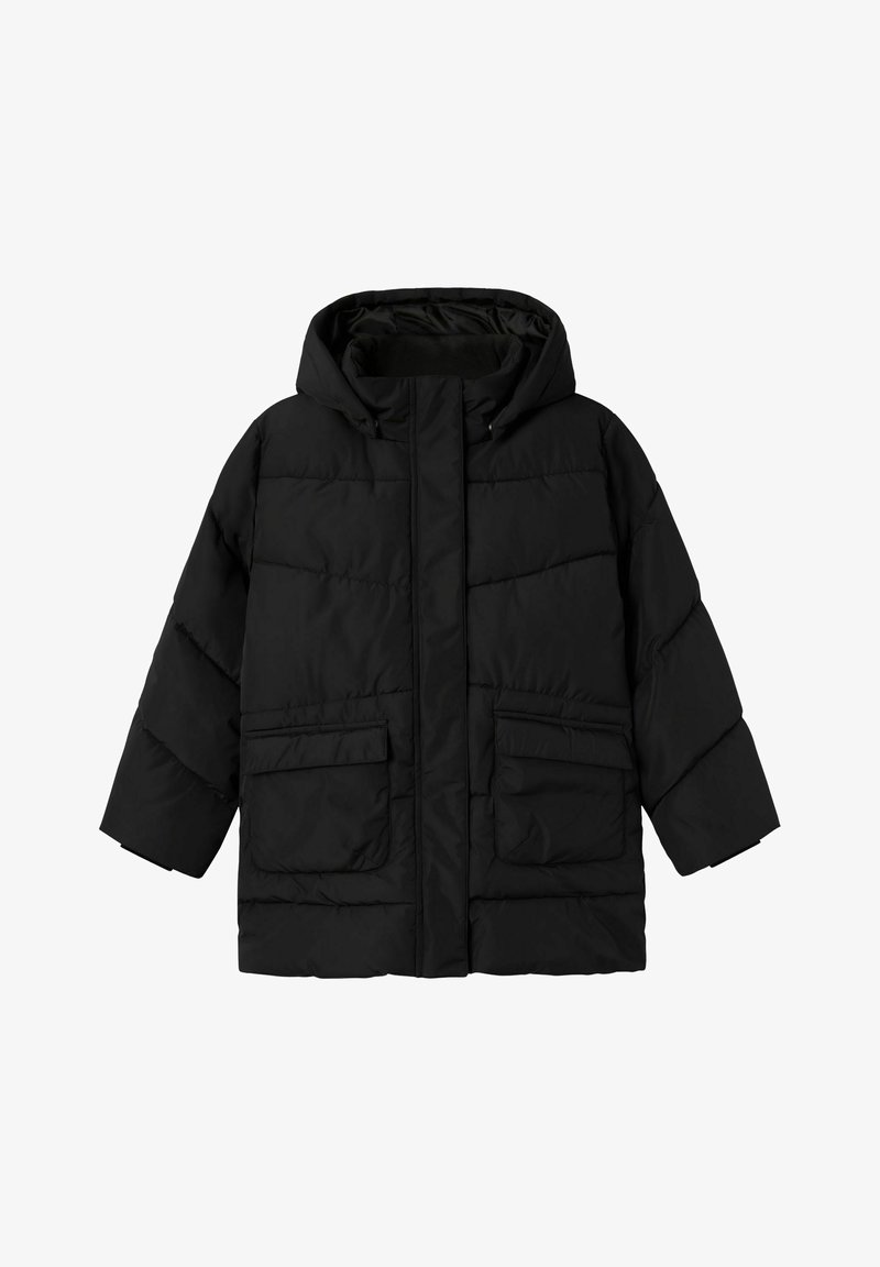 Čierna péřová bunda s kapucňou, dvoma prednými vreckami a prešívaným dizajnom. Vyrobená z hladkého, vodoodolného materiálu s voľným strihom.