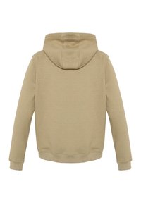 Beige hooded sweatshirt with a smooth texture, long sleeves, and elastic cuffs. Features a kangaroo pocket and a simple, unadorned back.