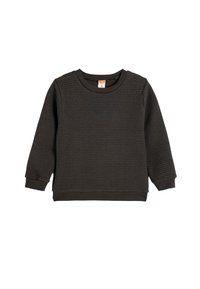 Czarna bluza z textured materiału z prążkowanym wzorem, okrągłym dekoltem, długimi rękawami oraz elastycznymi mankietami i dołem.