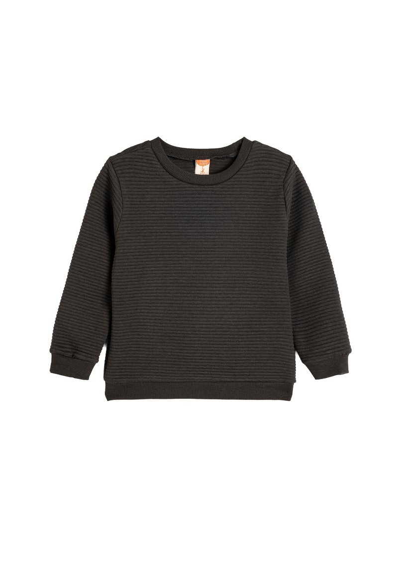 Czarna bluza z textured materiału z prążkowanym wzorem, okrągłym dekoltem, długimi rękawami oraz elastycznymi mankietami i dołem.