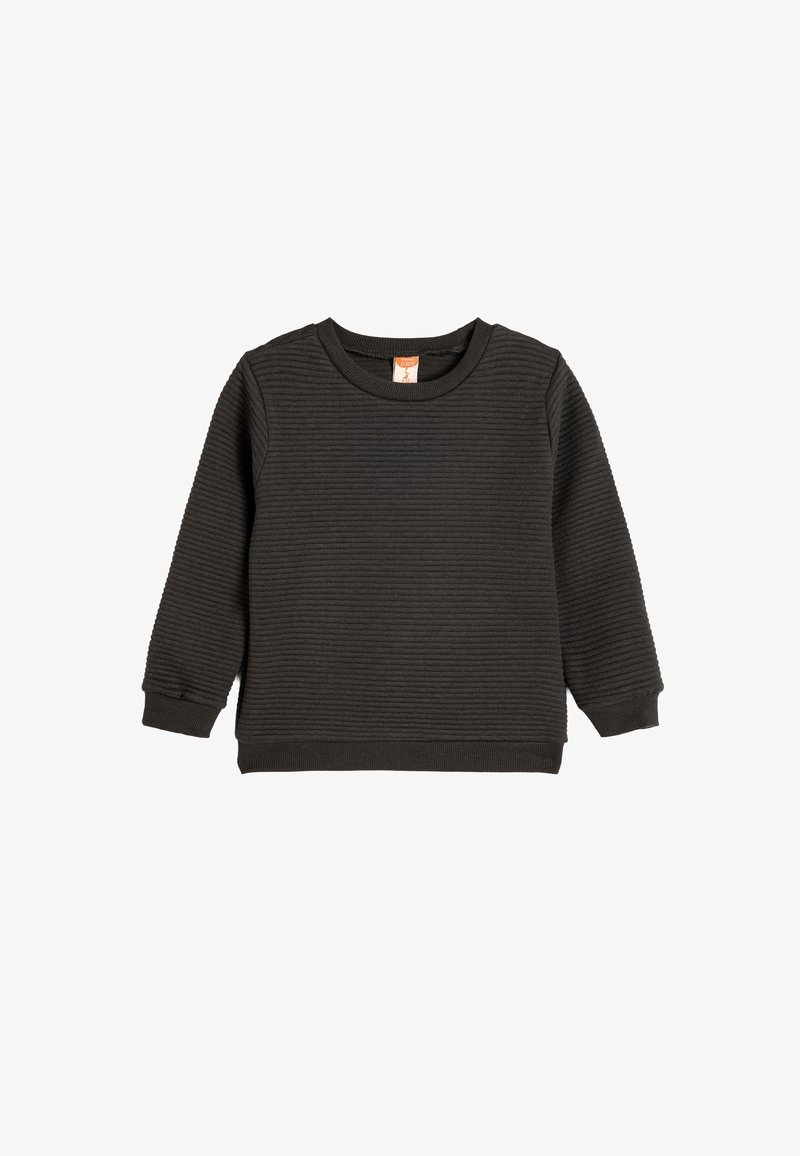 Czarna bluza z textured materiału z prążkowanym wzorem, okrągłym dekoltem, długimi rękawami oraz elastycznymi mankietami i dołem.
