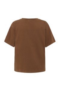 T-shirt en coton marron avec une coupe décontractée, des manches courtes et un col rond, présentant une texture lisse sans marque ni motifs visibles.