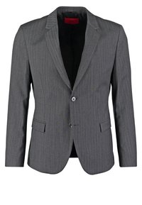 Grauer Nadelstreifen-Blazer, mit Ein-Knopf-Verschluss, Reverskragen, zwei vorderen Taschen und einem glatten, strukturierten Stoff mit kontrastierendem roten Futter.