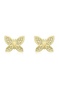 Gouden vlinderoorbellen met een ingewikkeld filigreeontwerp en symmetrische vorm, voorzien van een reflecterend oppervlak en gedetailleerde accenten.