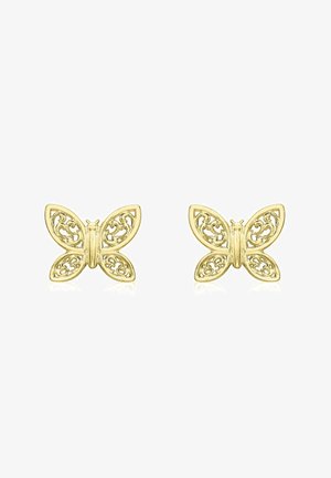 Boucles d'oreilles en métal doré en forme de papillon, présentant un design en filigrane complexe et une forme symétrique, avec une surface réfléchissante et des accents détaillés.
