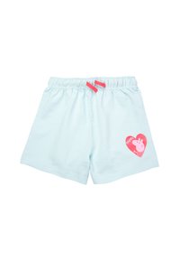 Pantaloni corti di cotone azzurro chiaro con vita elasticizzata, caratterizzati da un design a forma di cuore rosa e da un personaggio di maiale in cartone animato sulla gamba sinistra.