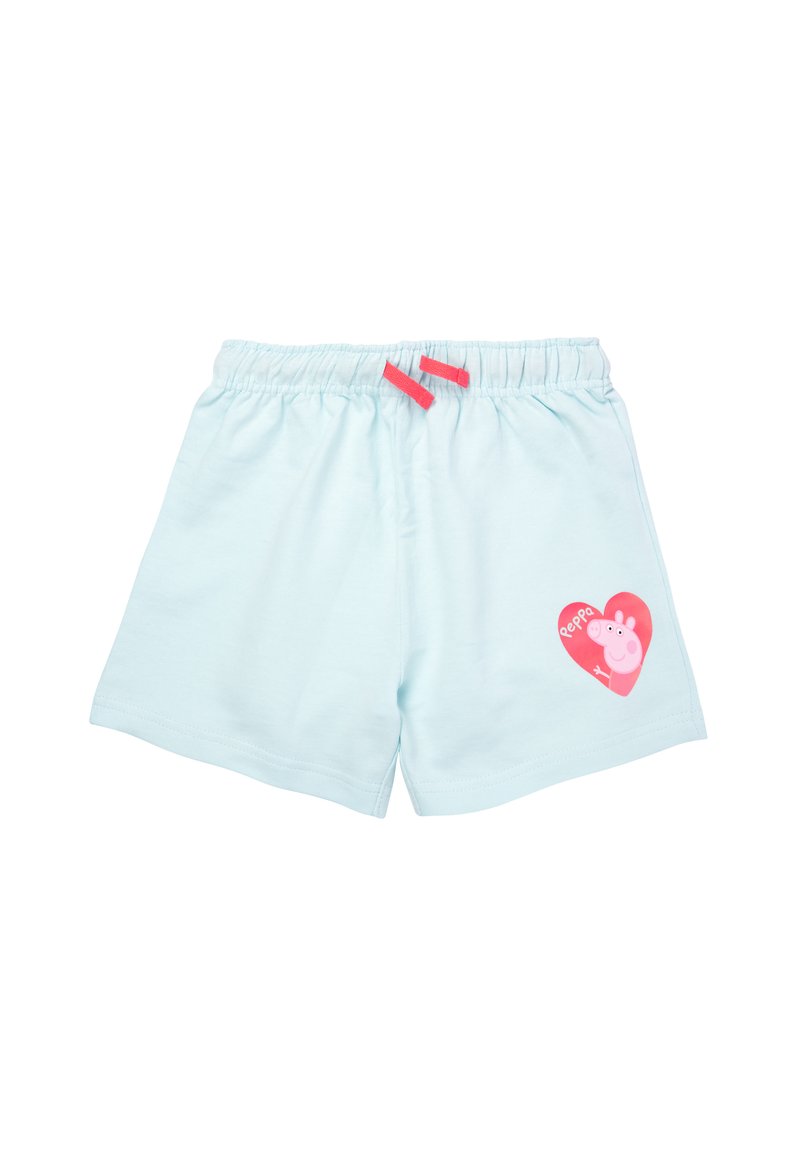 Pantaloni corti di cotone azzurro chiaro con vita elasticizzata, caratterizzati da un design a forma di cuore rosa e da un personaggio di maiale in cartone animato sulla gamba sinistra.