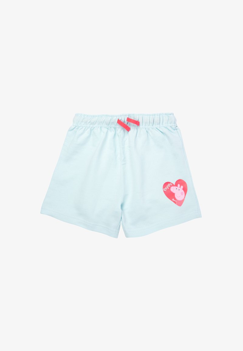 Pantaloni corti di cotone azzurro chiaro con vita elasticizzata, caratterizzati da un design a forma di cuore rosa e da un personaggio di maiale in cartone animato sulla gamba sinistra.
