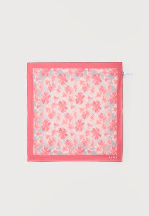 Τετράγωνο φουλάρι με ροζ λουλουδάτο σχέδιο σε ανοιχτό μπλε φόντο και μονόχρωμη ροζ μπορντούρα, λογότυπο Furla στη γωνία.