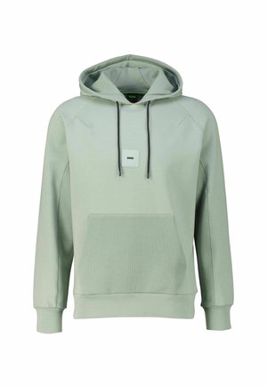 Light green hoodie made from soft material. Features a front pocket, adjustable drawstrings, and a small logo label on the chest.