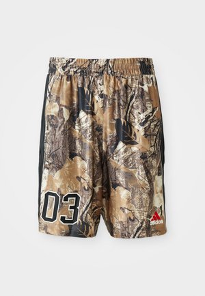 Camo shorts with an elastic waistband, featuring a blend of browns and blacks, large "03" in white, and an Adidas logo in red.