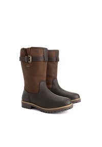 Bruine waterdichte boots met een bovenkant van donkerbruin leer en lichtbruine accenten. Voorzien van een gespdetail en een gestructureerde rubberen zool.