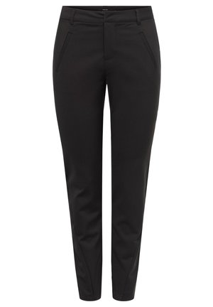 Zwarte op maat gemaakte broek met een gladde textuur, slim fit, zijzakken en een ritssluiting. Heeft een schone, minimalistische uitstraling.