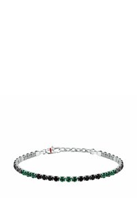 Bracciale a catena in argento con dettagli in cristallo nero e verde, dotato di chiusura con fermaglio e design flessibile.