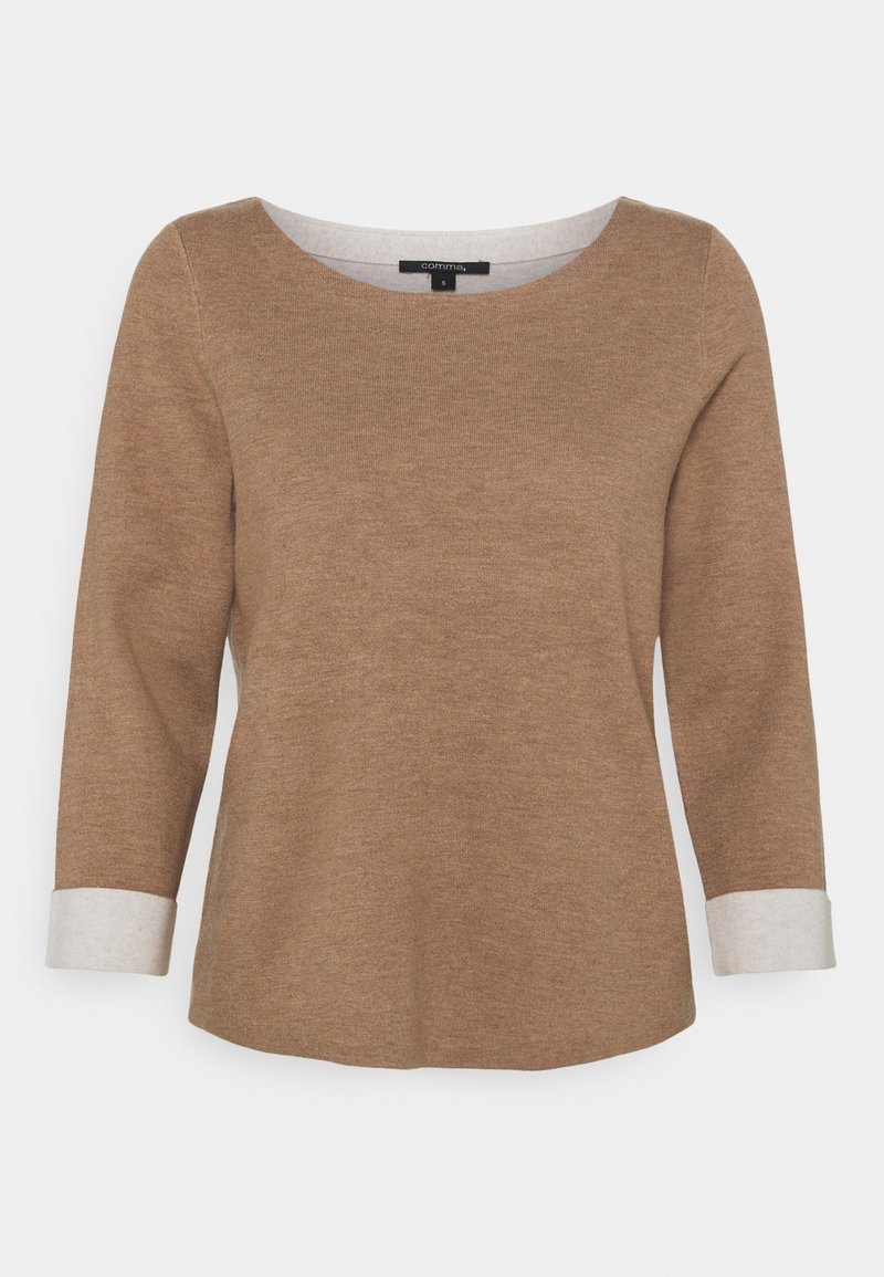 Pull marron à manches longues avec poignets blancs et col rond, fabriqué en tissu maille doux, taille petite, étiquette « comma ».