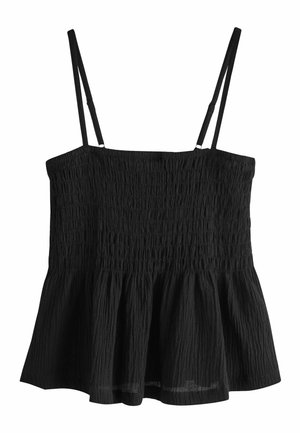 Schwarzes ärmelloses, gerafftes Oberteil mit verstellbaren dünnen Trägern und einem ausgestellten, leicht strukturierten Saum.