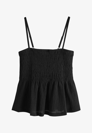 Schwarzes ärmelloses, gerafftes Oberteil mit verstellbaren dünnen Trägern und einem ausgestellten, leicht strukturierten Saum.