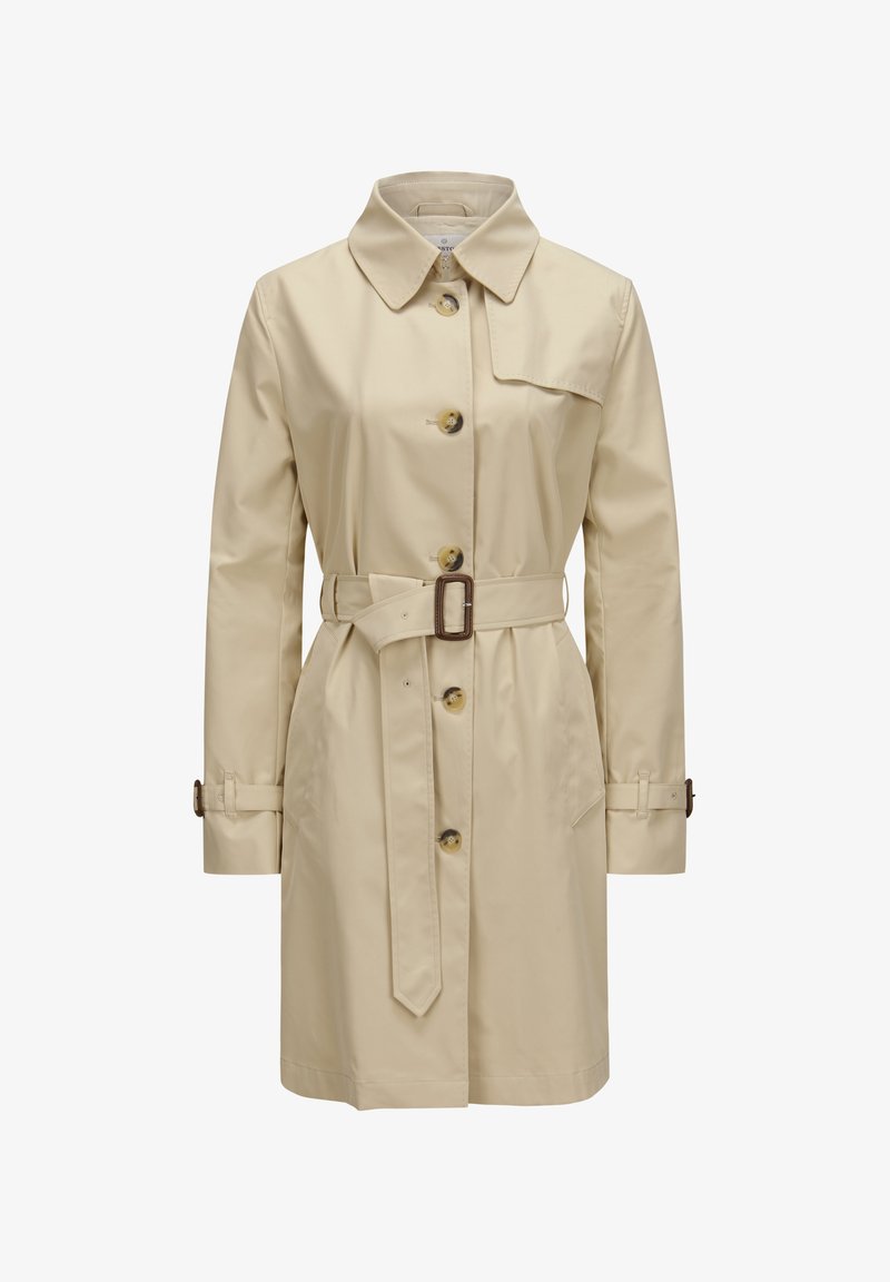 Beiger Regenmantel mit einem Kragen, vorderen Knöpfen und einem taillierten Gürtel. Er hat lange Ärmel mit verstellbaren Manschetten und eine gerade Schnittführung.