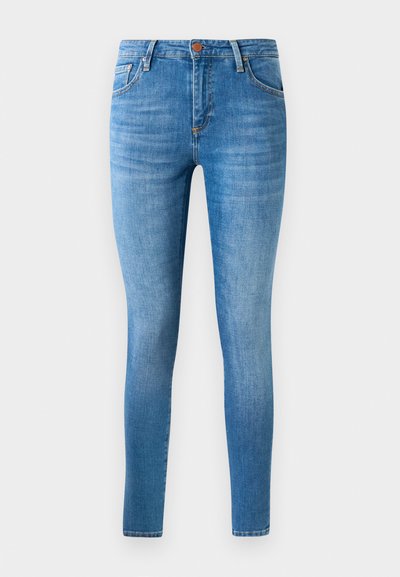 Blå denim skinny jeans med en klassisk femficksdesign, dragkedja och en enda metallknapp i midjan. Slät textur.