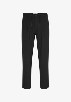 Black trousers with a textured fabric, featuring a drawstring waist, pleats at the front, and a tailored fit. No visible hardware.