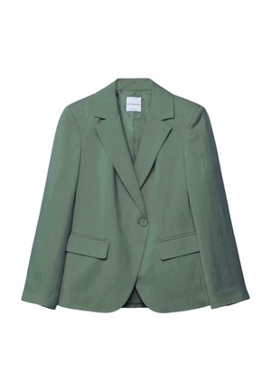 Jednoredno žutozeleni sako s jednim gumbom, sa reverom s usjekom, dva džepa s poklopcima i dugim rukavima, prikazan na bijeloj pozadini.