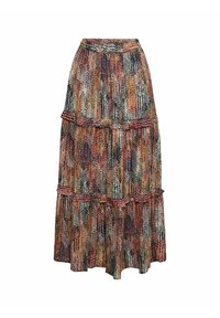 Jupe à volants multicolore avec un design fluide, fabriquée à partir d'un tissu léger avec un motif texturé dans des teintes de rouge, bleu et crème.