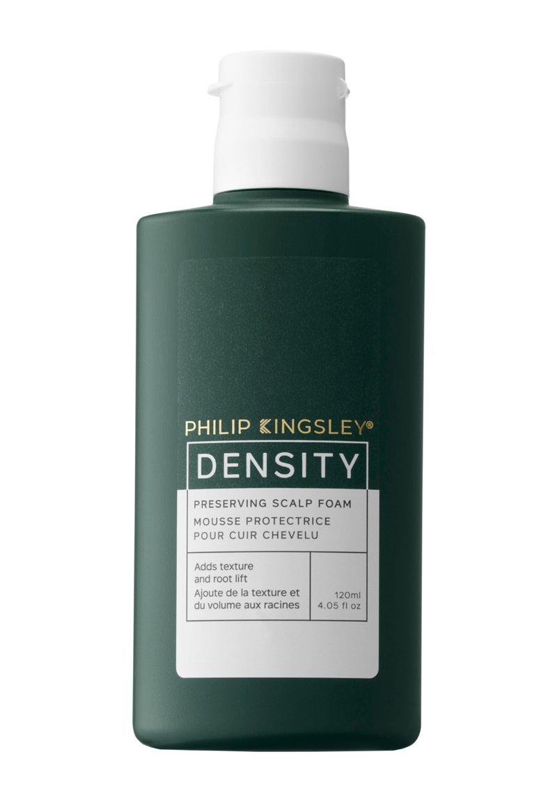 Flacone cilindrico verde con tappo flip-top bianco. L'etichetta presenta testo dorato e bianco, indicando che si tratta di una schiuma per cuoio capelluto con una capacità di 120ml.