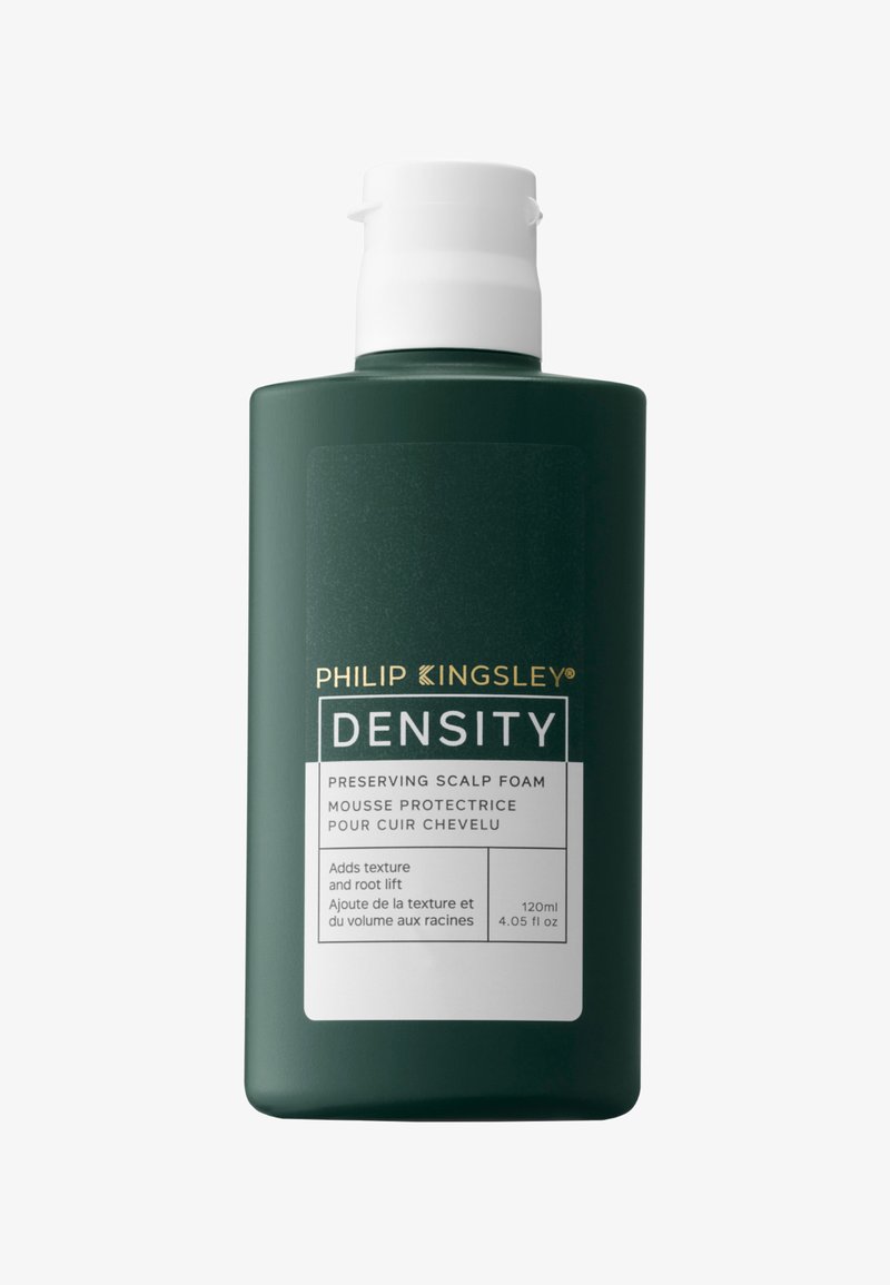 Flacone cilindrico verde con tappo flip-top bianco. L'etichetta presenta testo dorato e bianco, indicando che si tratta di una schiuma per cuoio capelluto con una capacità di 120ml.