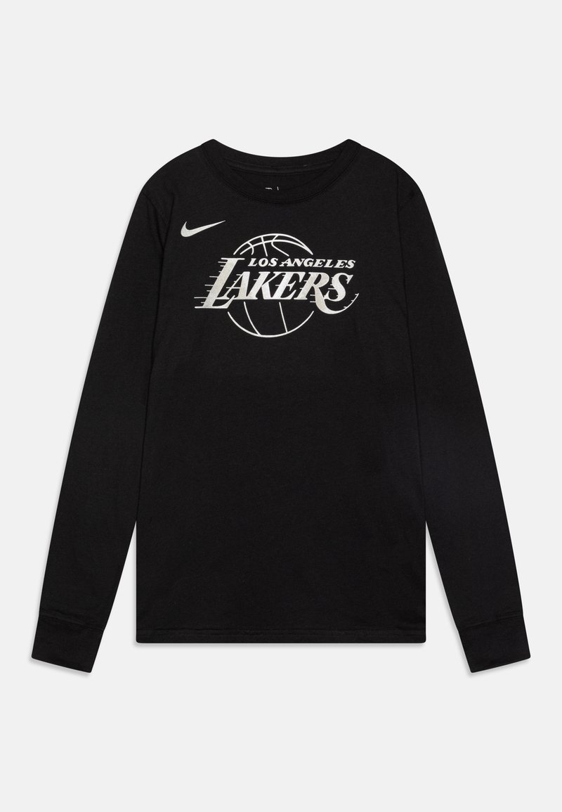 Black long-sleeve shirt made of cotton, featuring a white "Los Angeles Lakers" logo and basketball graphic, with a Nike swoosh on the left chest.