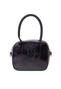 Borsa nera con una finitura lucida e testurizzata, forma rettangolare, manici doppi e un dettaglio con cerniera dorata lungo la parte superiore.