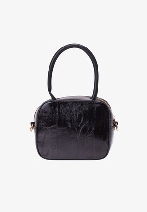 Black handbag with a glossy, textured finish, rectangular shape, dual handles, and a gold zipper detail along the top.