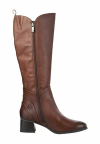 Botte haute en faux cuir marron avec un dessus texturé, fermeture éclair sur le côté et talon bloc. Présente un bout pointu et des coutures décoratives.