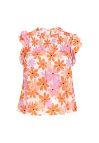 Ärmelloses florales Oberteil mit Rüschenschultern, das orangefarbene, pinkfarbene und schwarze Blumenmuster auf einem weißen Hintergrund zeigt. Geschmückter Halsausschnitt.