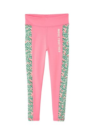 Pink leggings with floral patterned side panels and white "MOVE TOGETHER" text on the upper right thigh.