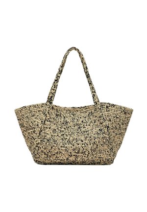 Borsa a mano in paglia intrecciata con base ampia, lati leggermente rastremati e due manici di media lunghezza nei colori beige naturale e nero.