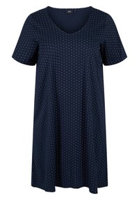 Granatowa sukienka z krótkim rękawem w drobne białe kropki, z dekoltem w kształcie litery V i luźnym krojem.