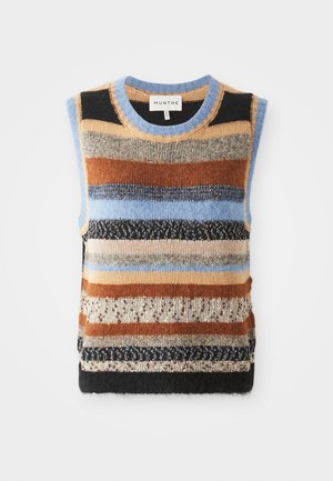 Maglione senza maniche lavorato a maglia con strisce orizzontali multicolori nei toni marroni, blu e crema; sezioni a contrasto con texture e superfici lisce.