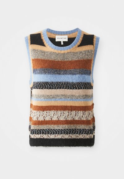 Knit sleeveless sweater with multicolored horizontal stripes in shades of brown, blue, and cream; featuring a contrast of textured and smooth sections.