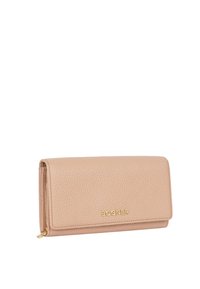 Lichtbeige leren portemonnee met een gestructureerde afwerking, gouden logo-detail en een ritsvak aan de zijkant. Vouwontwerp voor compact gebruik.