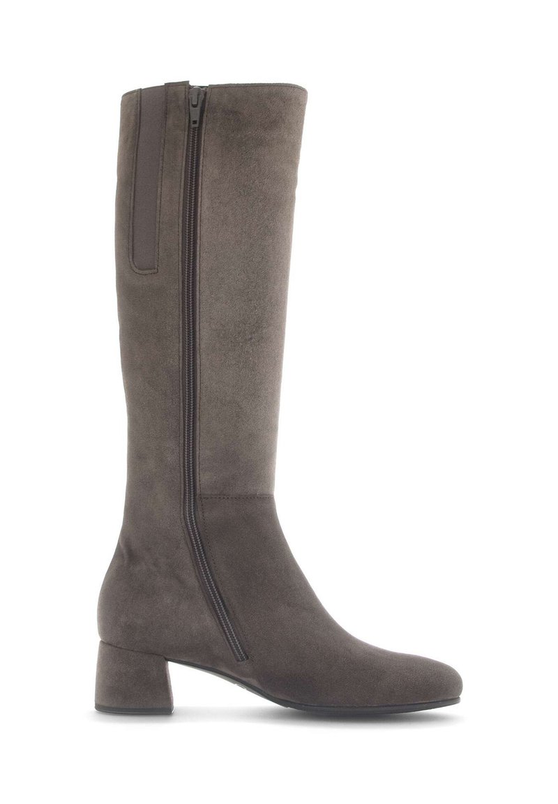 Stivali al ginocchio in suede grigio scuro con tacco a blocco e zip sul lato esterno. Texture morbida e finitura liscia.