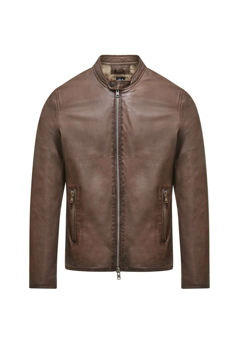 Brun læderjakke med rund krave, frontlynlås og to lynlåslommer. Glat tekstur og tætsiddende design.