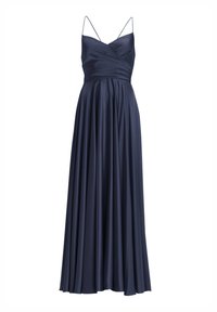 Marineblaues Satin-Abendkleid mit Spaghettiträgern, gerafftem Oberteil und fließendem, plissiertem, knöchellangem Rock.