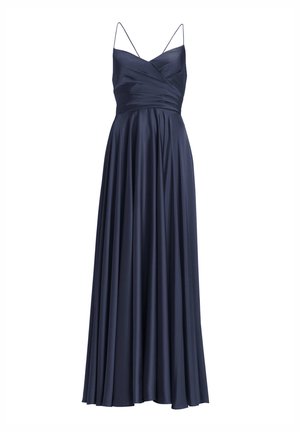 Marineblaues Satin-Abendkleid mit Spaghettiträgern, gerafftem Oberteil und fließendem, plissiertem, knöchellangem Rock.