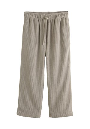 Hellbeige, gerippte Lounge-Hosen mit einem elastischen Bund und verstellbarem Kordelzug. Ausgestellte Beinform mit einer weichen, strukturierten Oberfläche.